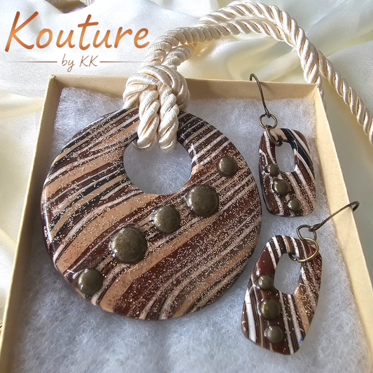 Tribal Stripe Signature Set – Hand-Sculpted Polymer Clay Necklace & Earrings with Bronze Domes & Gold Leaf | One of a Kind