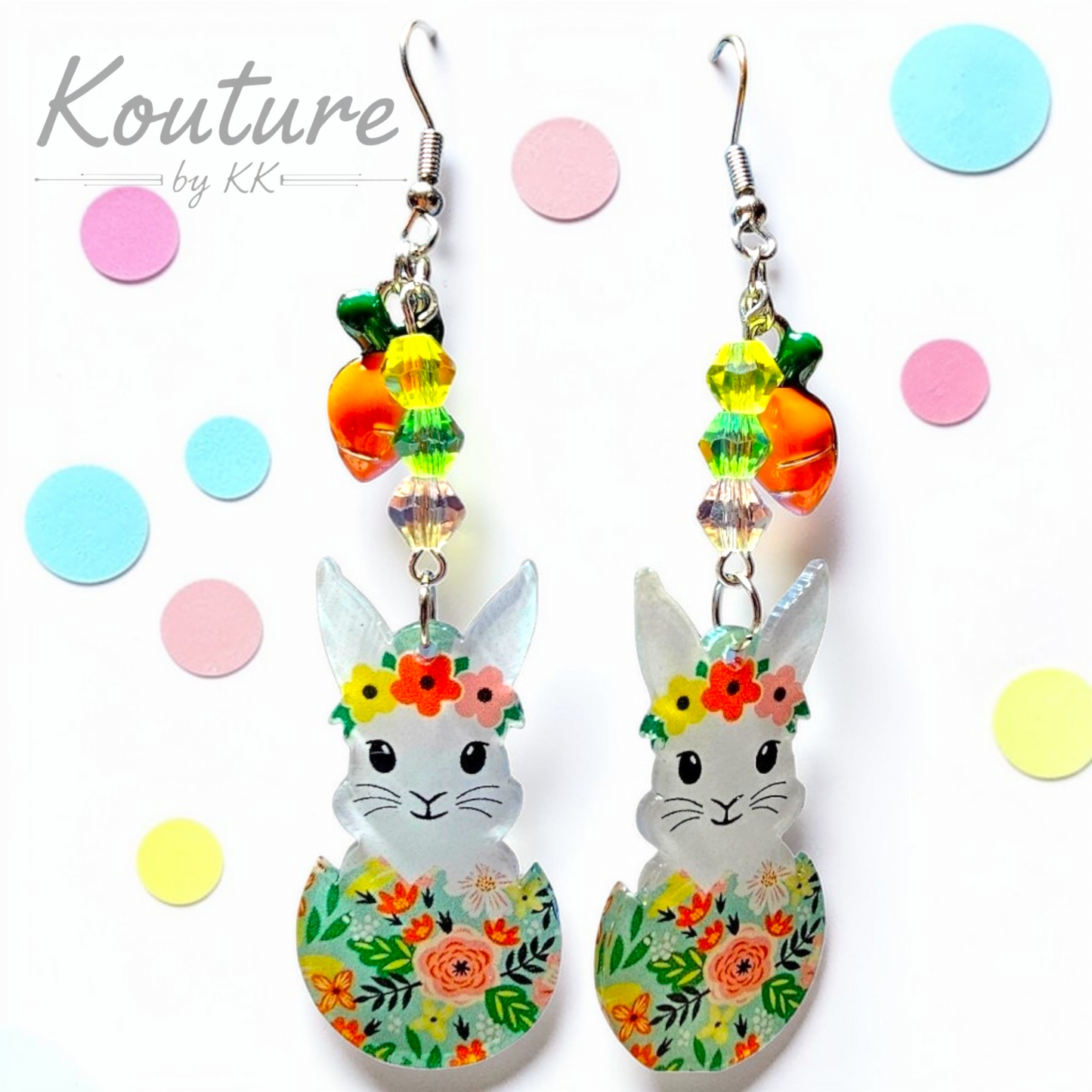 Easter Bunny Earrings - Floral Bunny with Carrot & Crystal Beads, Easter Jewelry