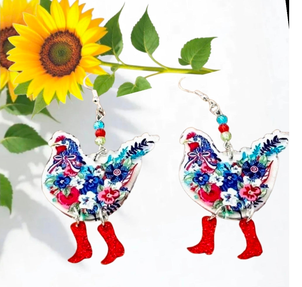Floral Chicken in Boots — Double-Sided Acrylic Dangle Earrings with Crystal Beads