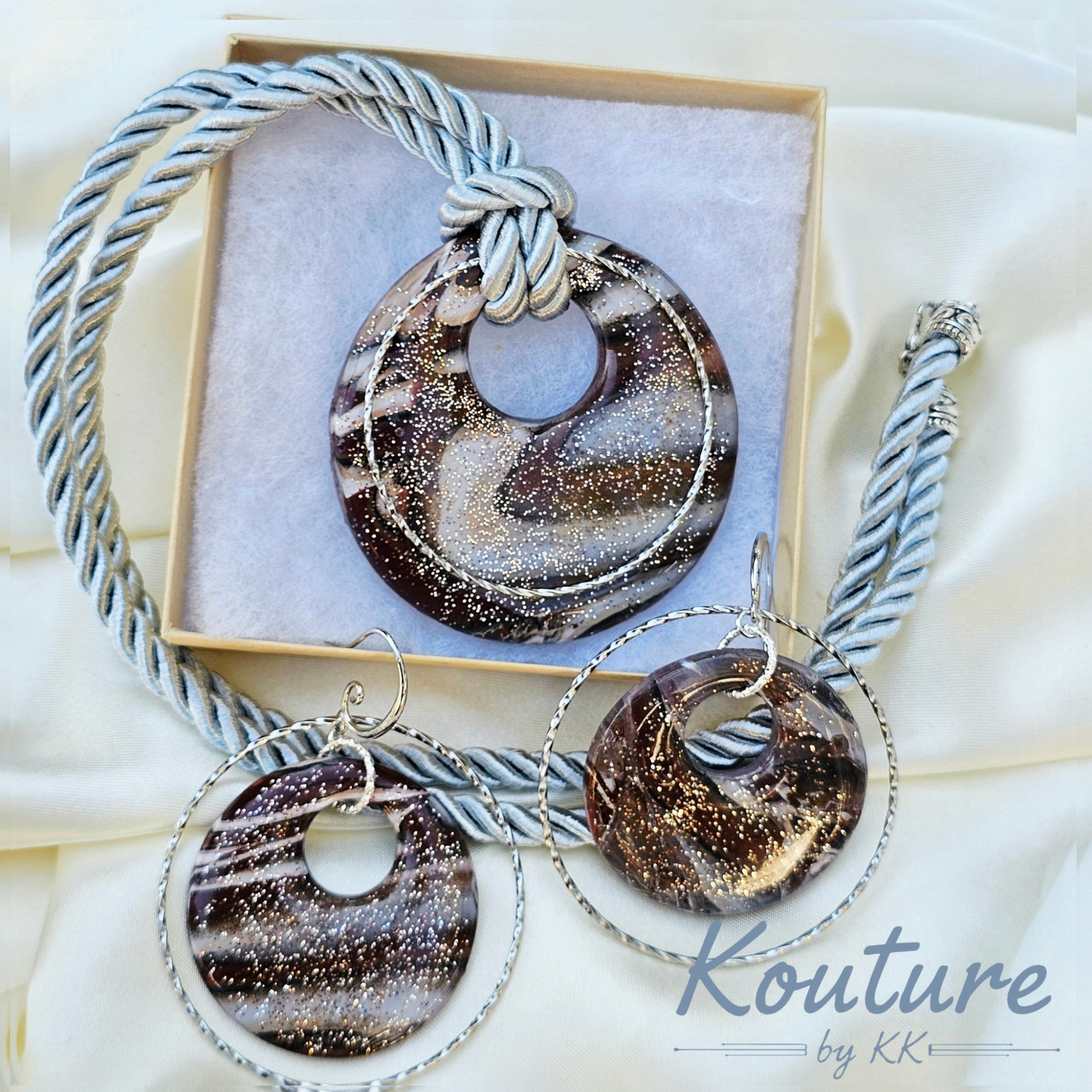 Smoky Donut Signature Set – Hand-Sculpted Polymer Clay Necklace & Earrings with Silver Gold Leaf | One of a Kind