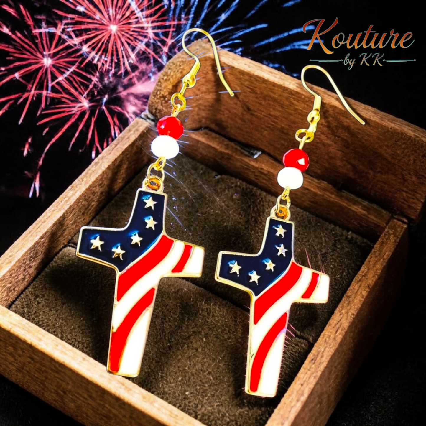 American Flag Cross Earrings – Patriotic USA Enamel Dangles with Crystal Beads & 18K Gold Hooks