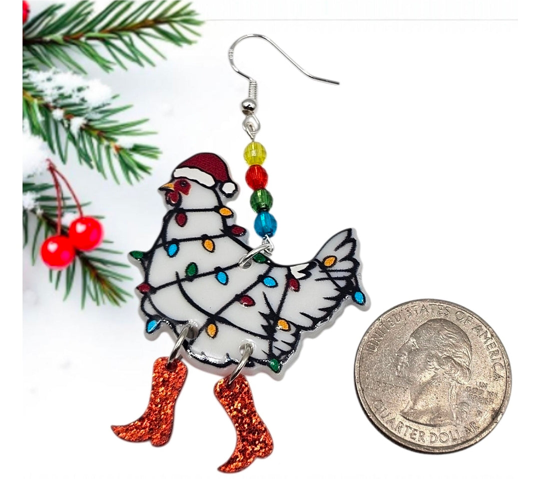 Christmas Chicken Earrings with Glitter Dangle Boots – Festive Farmhouse Holiday Jewelry