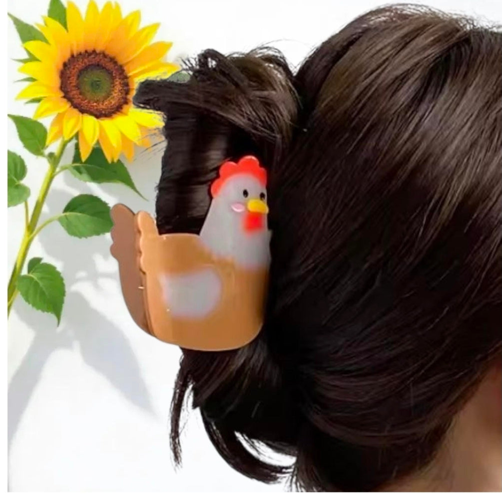 Funny Chicken Hair Claw Clip – Brown and Cream Farmhouse Hair Accessory