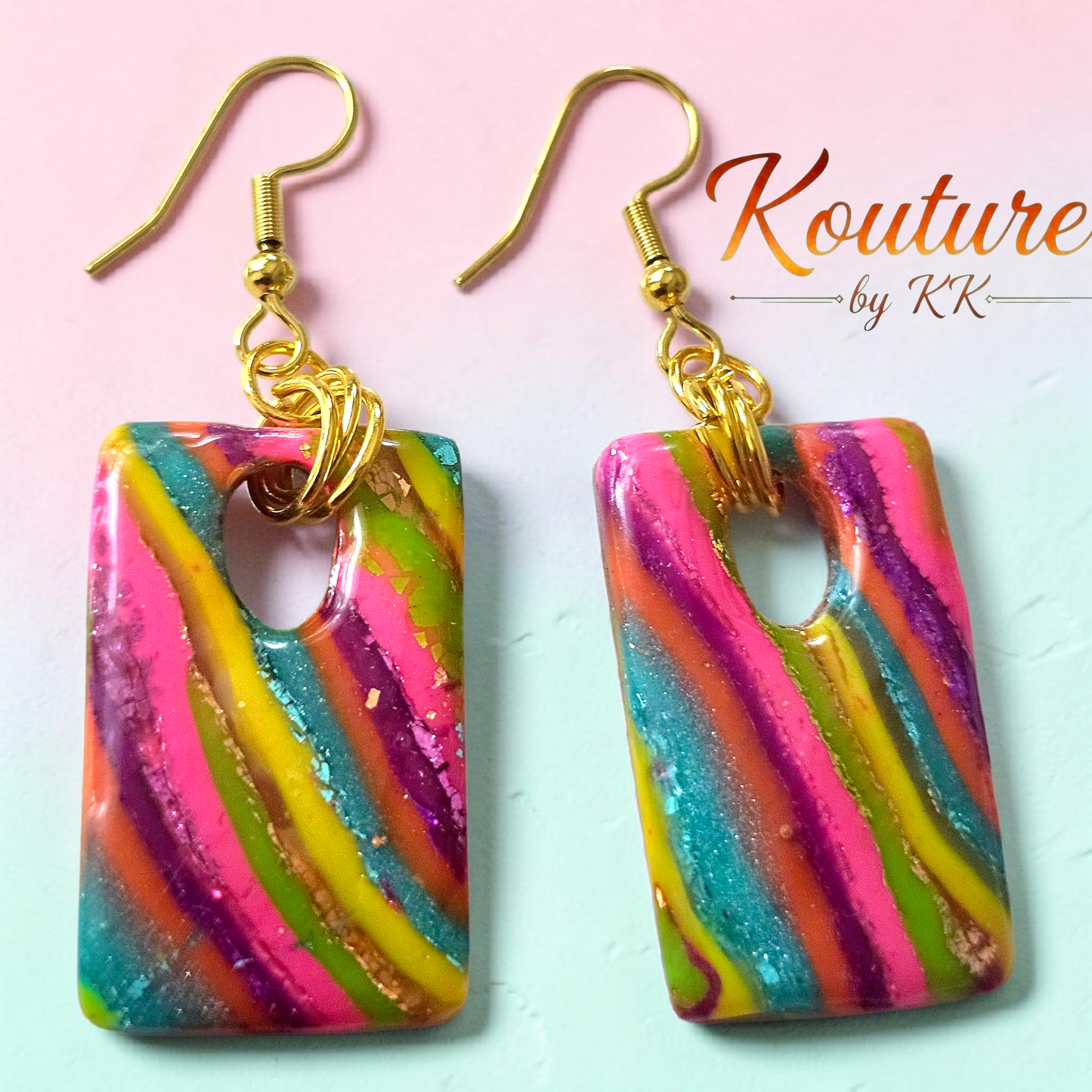 Neon Vertical Swirl Rectangle Earrings – Neon Gold Foil | Handmade Polymer Clay
