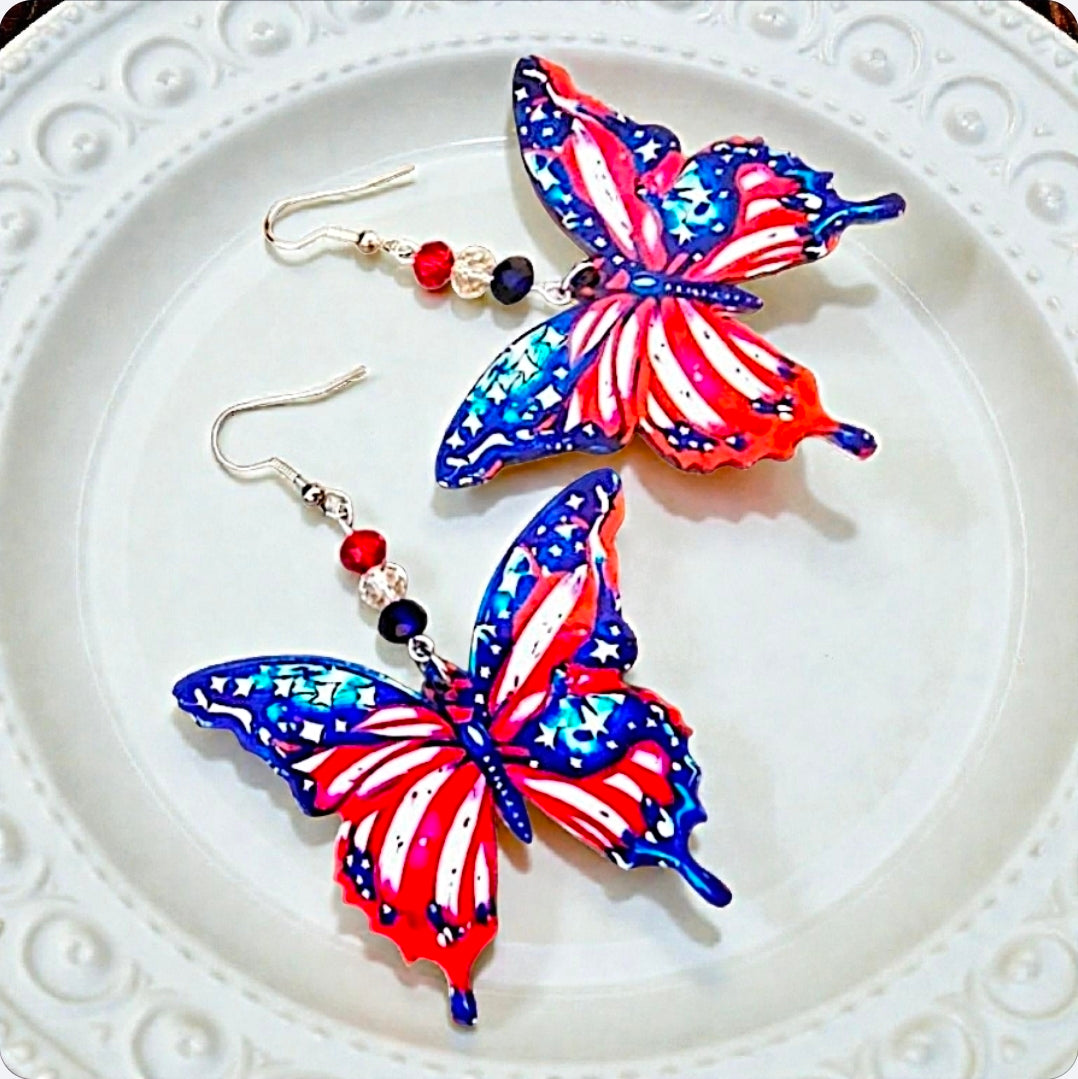 Patriotic Butterfly Earrings – Acrylic & Resin with Crystal Beads