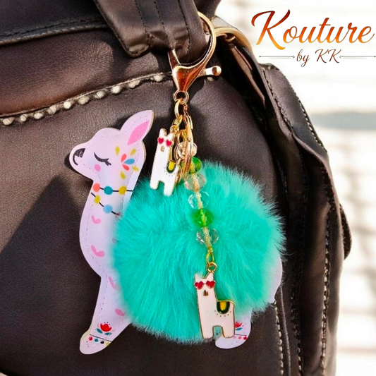 Mint Green Llama Keychain | Pom Pom Purse Charm with Crystal Beads & Llama Charm