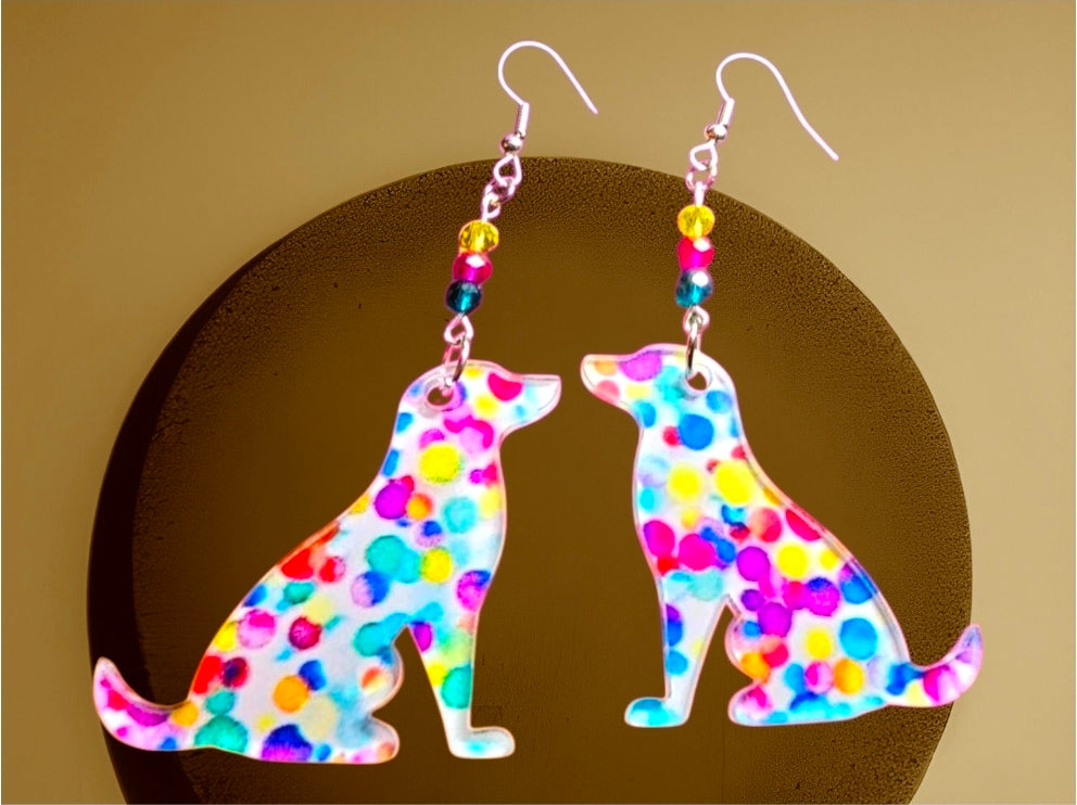Colorful Rainbow Dog Earrings – Acrylic Puppy Jewelry with Crystal Beads – Sterling Silver Hooks