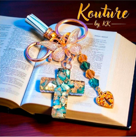 Faith Cross Keychain - Blue Teal | Handcrafted with Gold Leaf & Crystal Beads