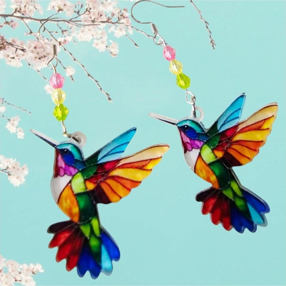 Rainbow Hummingbird Acrylic Earrings – Stained Glass Style Bird Dangles