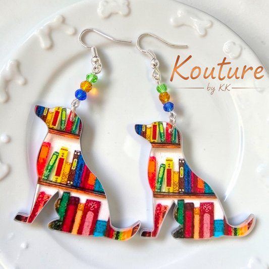 Dog Library Earrings – Acrylic Bookworm Animal Jewelry – Sterling Silver Hooks