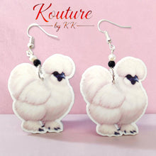 Load image into Gallery viewer, Silkie Chicken Acrylic Dangle Earrings with Sterling Silver Hooks &amp; Crystal Beads
