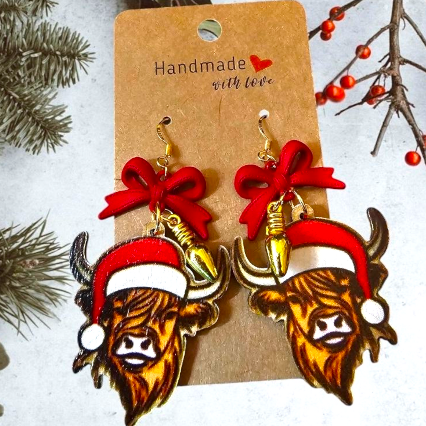 Highland Cow Christmas Earrings – Festive Acrylic & Resin Dangles with Red Metal Bow