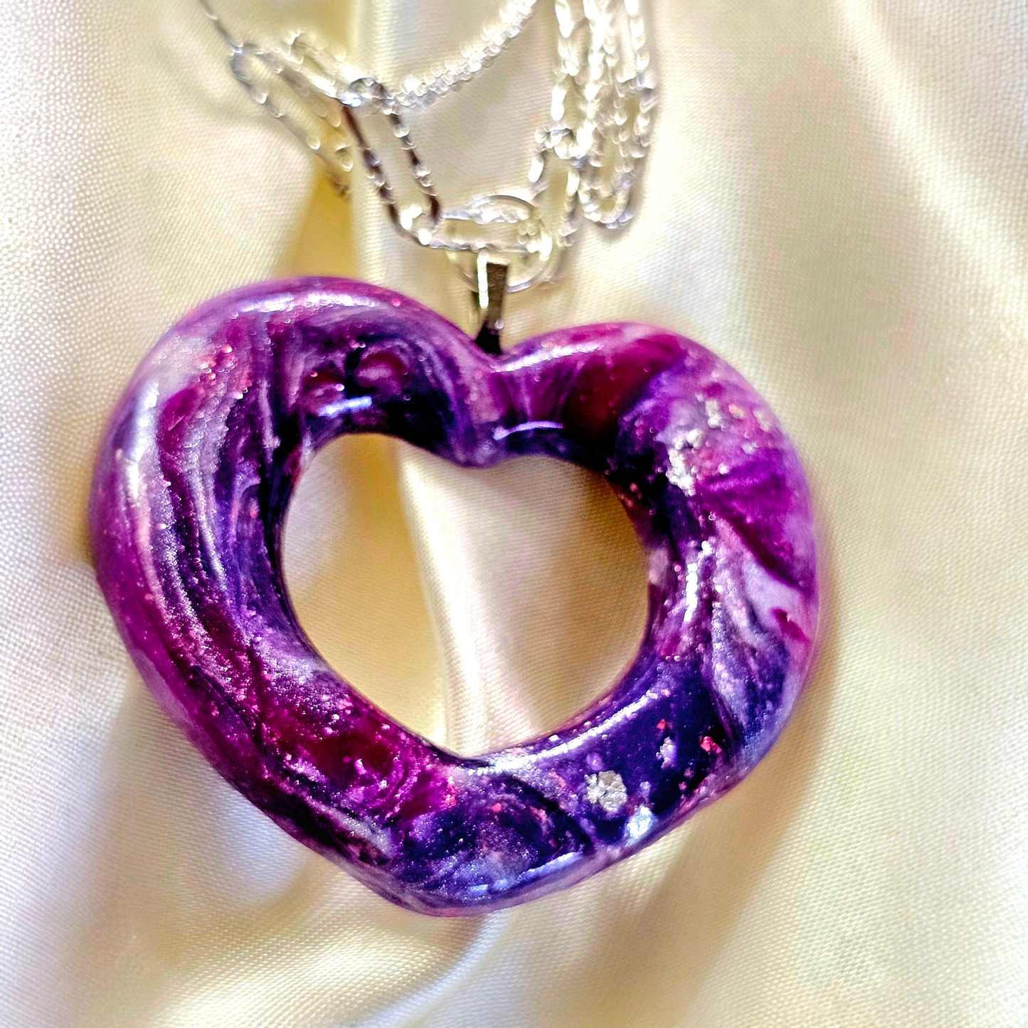 Purple Galaxy Heart Set – Hand-Sculpted Polymer Clay Necklace & Earrings with Silver Foil | One of a Kind Artisan Jewelry