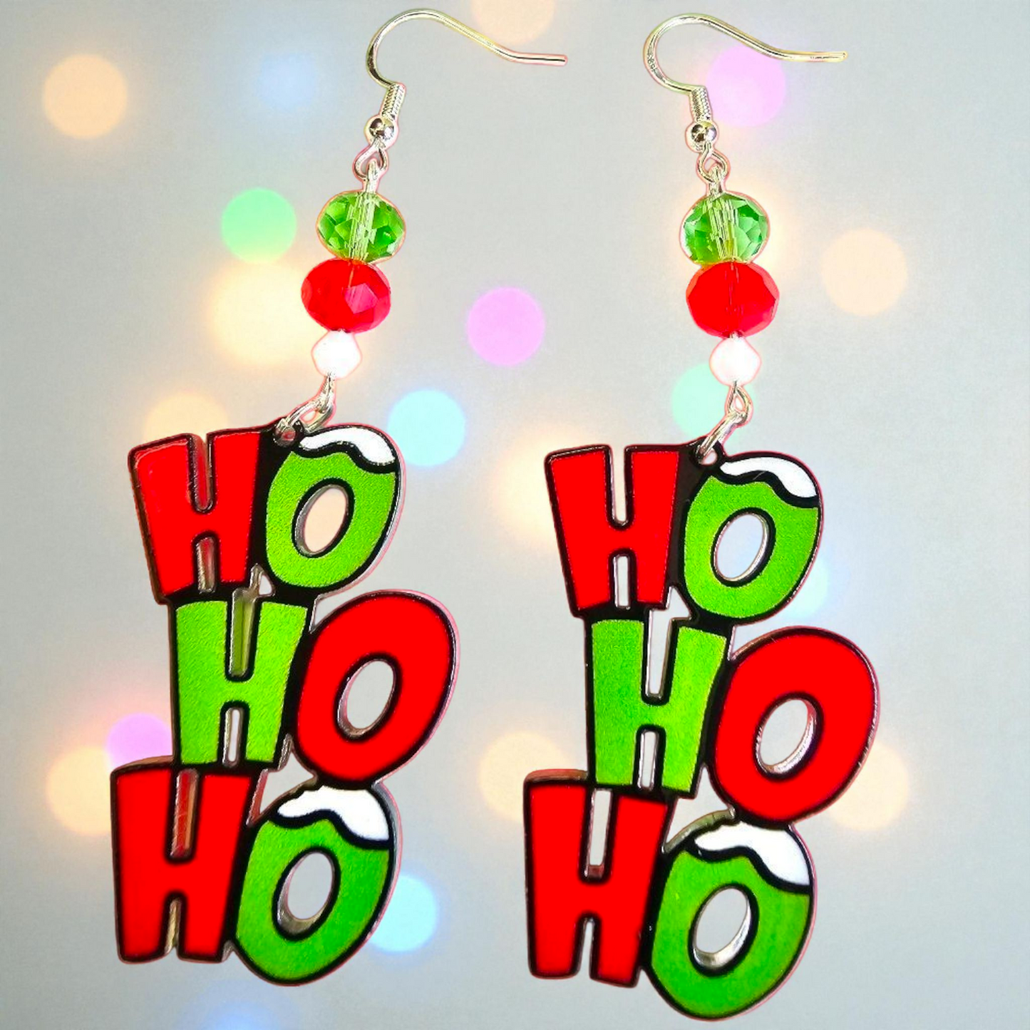 HO HO HO Christmas Earrings – Red and Green Festive Holiday Jewelry