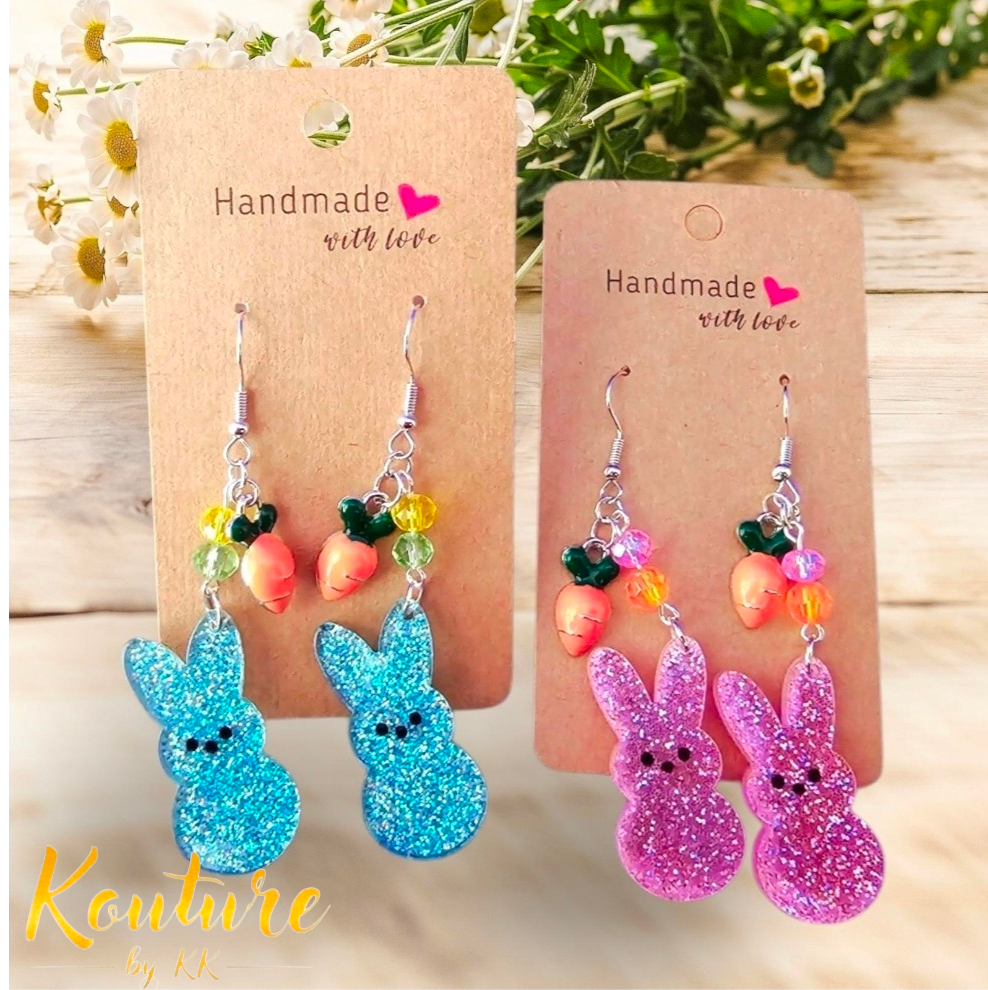 Easter Peep Bunny Earrings - Glitter Acrylic with Carrot Charm & Crystal Beads, Sterling Silver Hooks