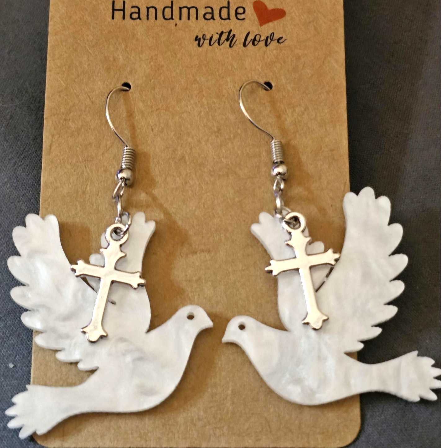 Handmade Dove Cross Earrings – Acrylic Faith Jewelry for Women