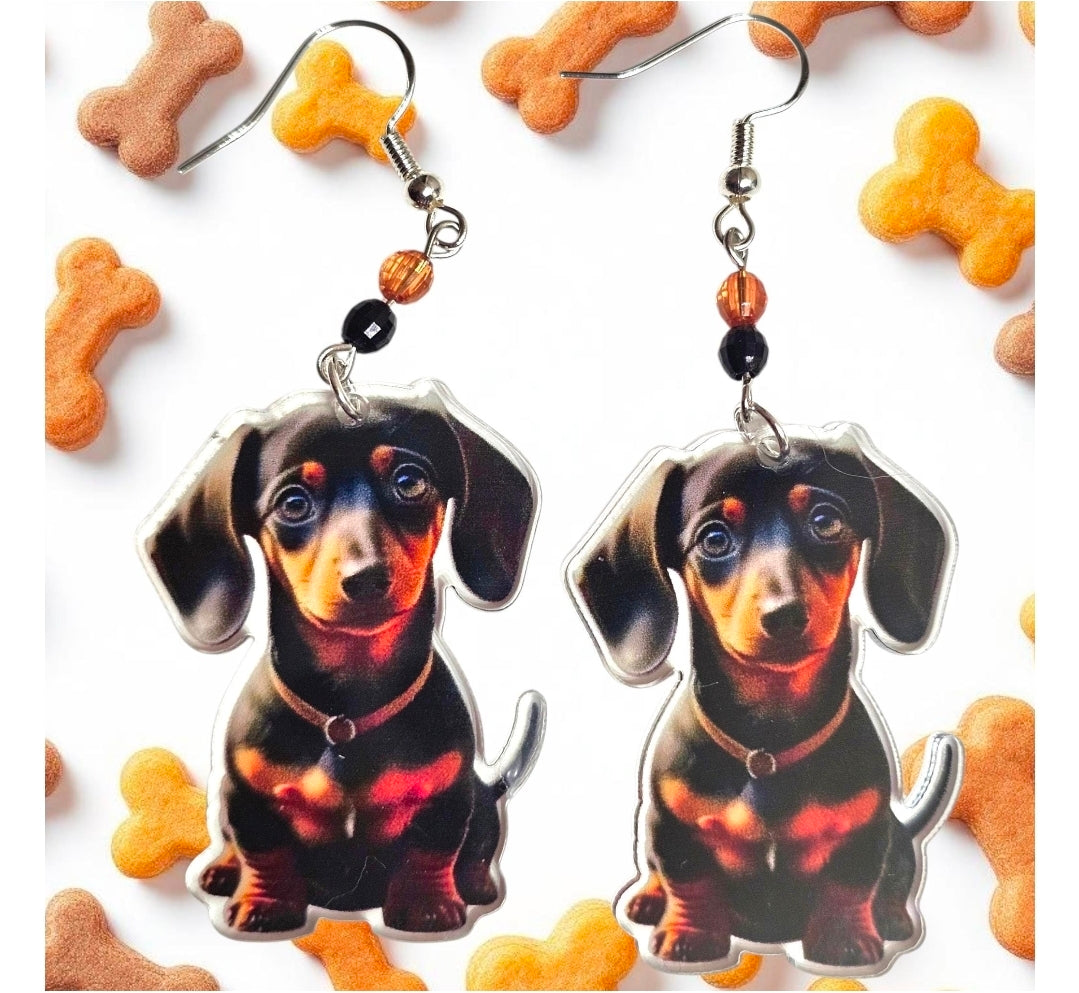 Black and Tan Dachshund Dog Earrings – Acrylic Pet Jewelry with Crystal Beads