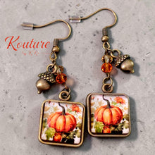 Load image into Gallery viewer, Harvest Pumpkin Earrings – Antique Bronze Fall Dangle Earrings with Acorn Charm

