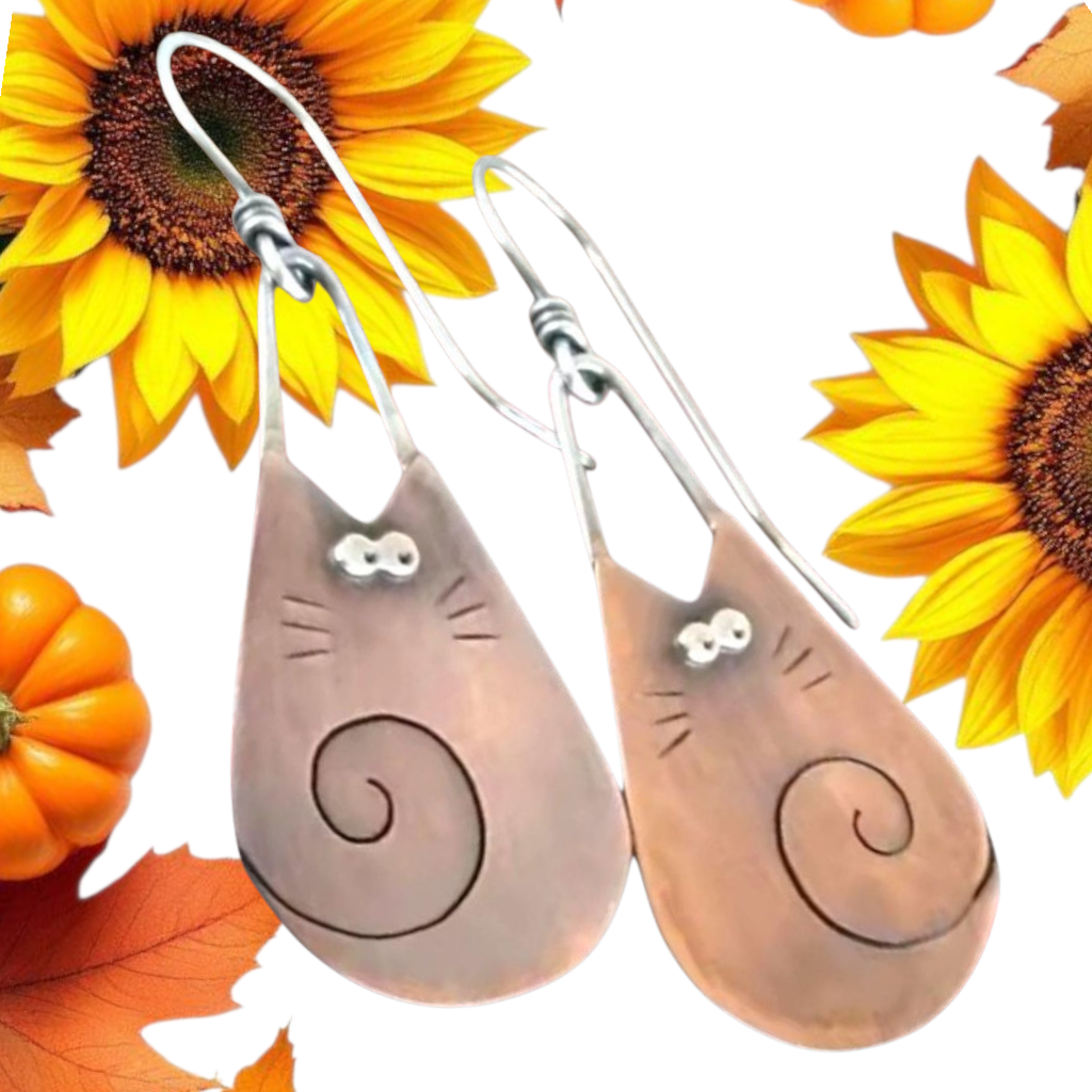 Bohemian Rustic Copper Cat Earrings: Natural Copper Kitten Jewelry