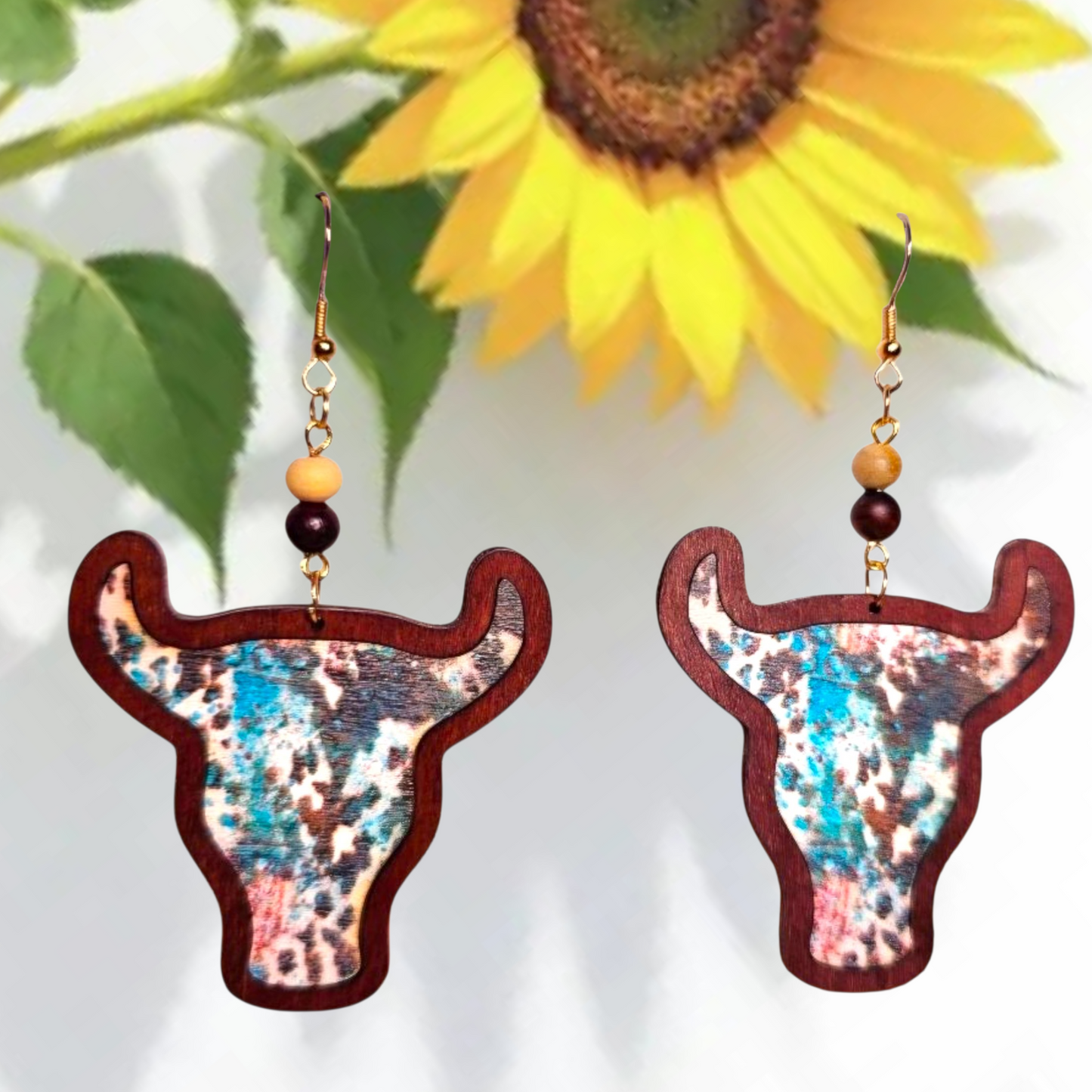 Wood Cow Skull Earrings – Western Cowgirl Boho Jewelry with Beaded Detail