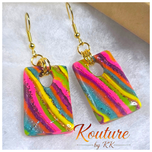 Neon Vertical Swirl Rectangle Earrings – Neon Gold Foil | Handmade Polymer Clay