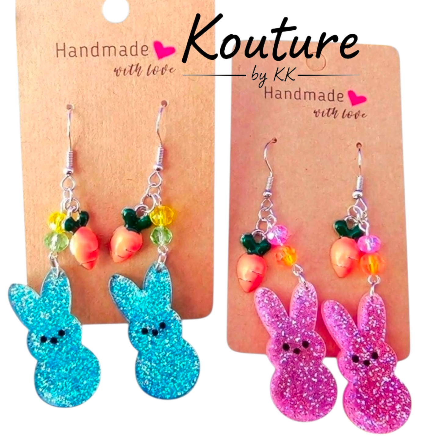Easter Peep Bunny Earrings - Glitter Acrylic with Carrot Charm & Crystal Beads, Sterling Silver Hooks