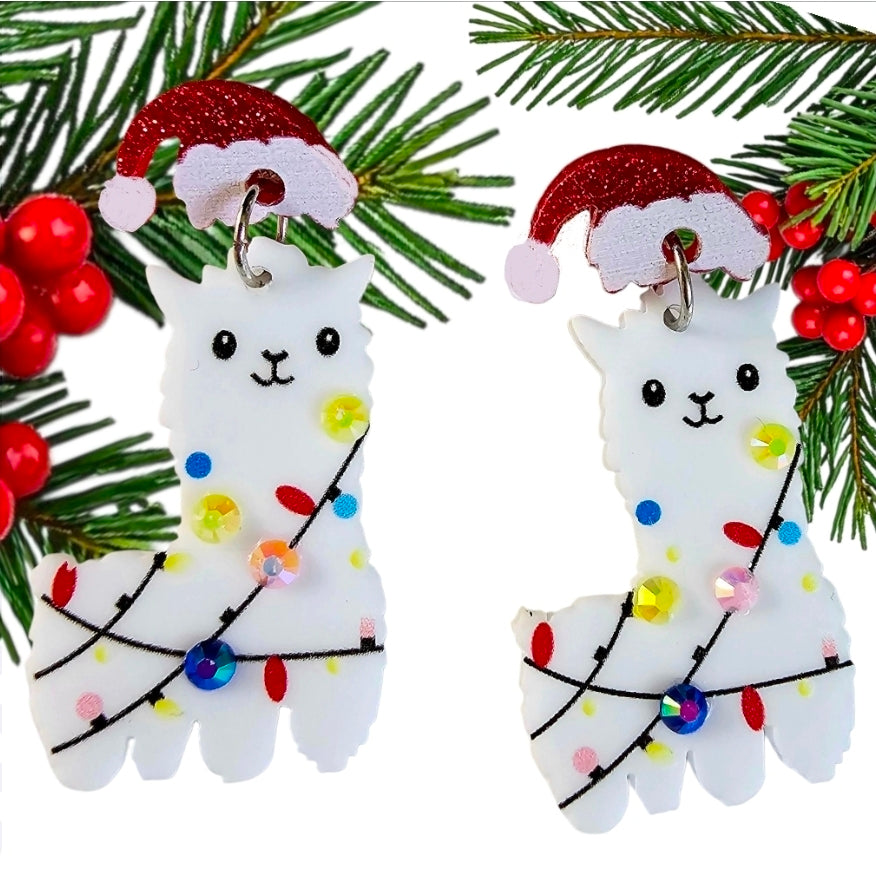 Christmas Santa Llama Earrings – Adorable Acrylic Alpaca with Rhinestones