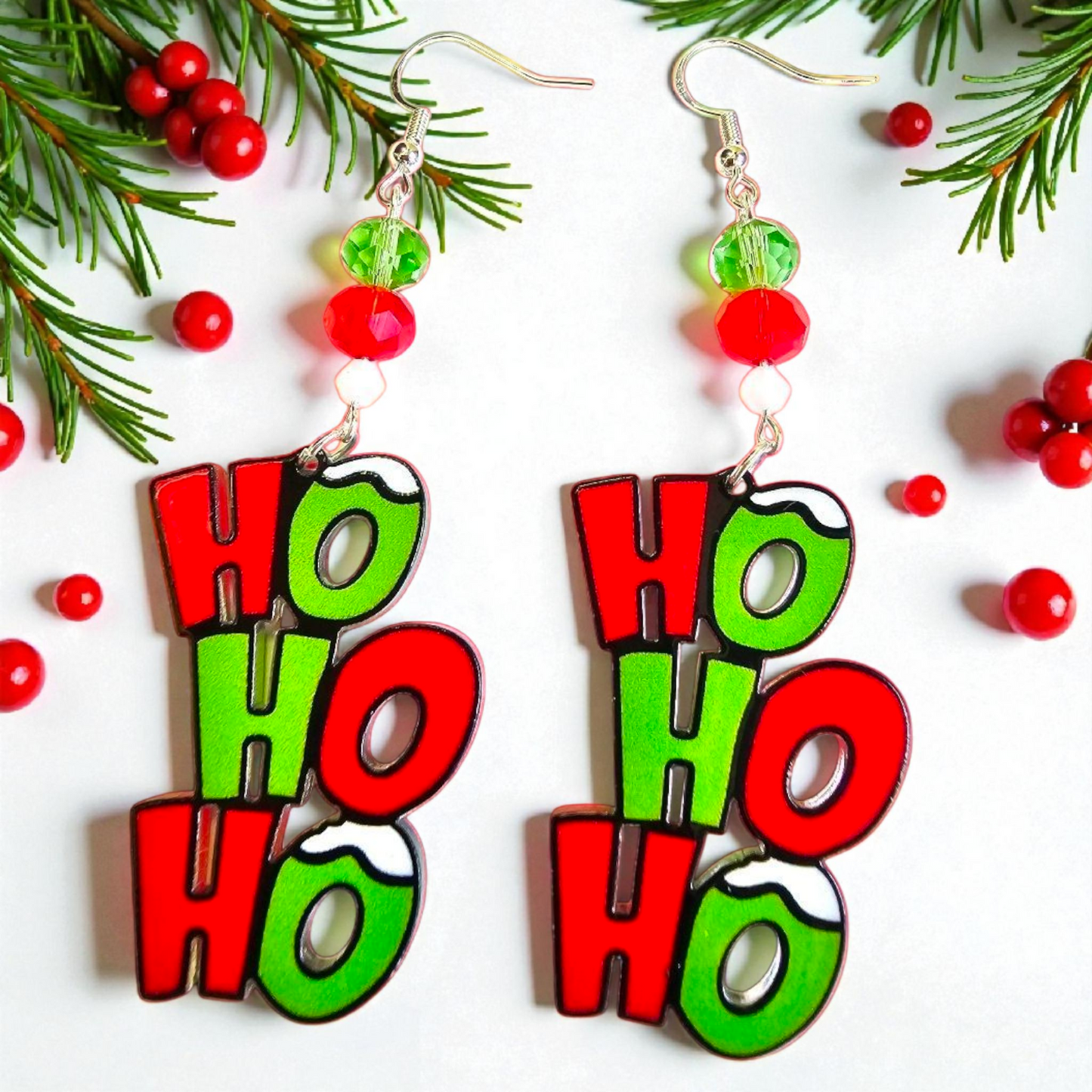HO HO HO Christmas Earrings – Red and Green Festive Holiday Jewelry