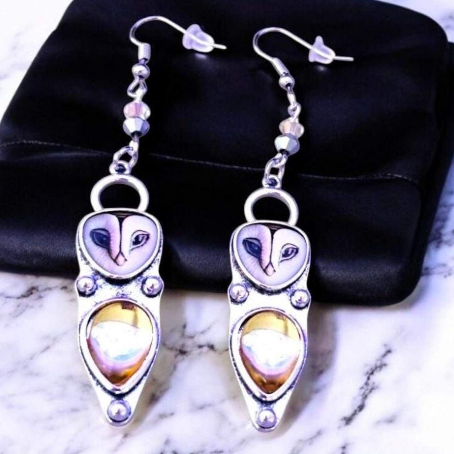 Vintage Owl Drop Earrings – Silver Tone with Champagne Glass Accent