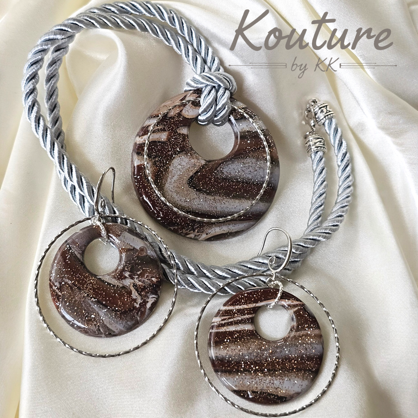 Smoky Donut Signature Set – Hand-Sculpted Polymer Clay Necklace & Earrings with Silver Gold Leaf | One of a Kind