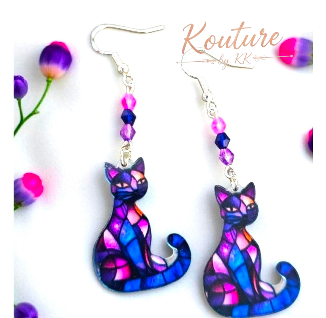 Stained Glass Cat Earrings – Purple Pink Acrylic with Crystal Beads – Sterling Silver Hooks