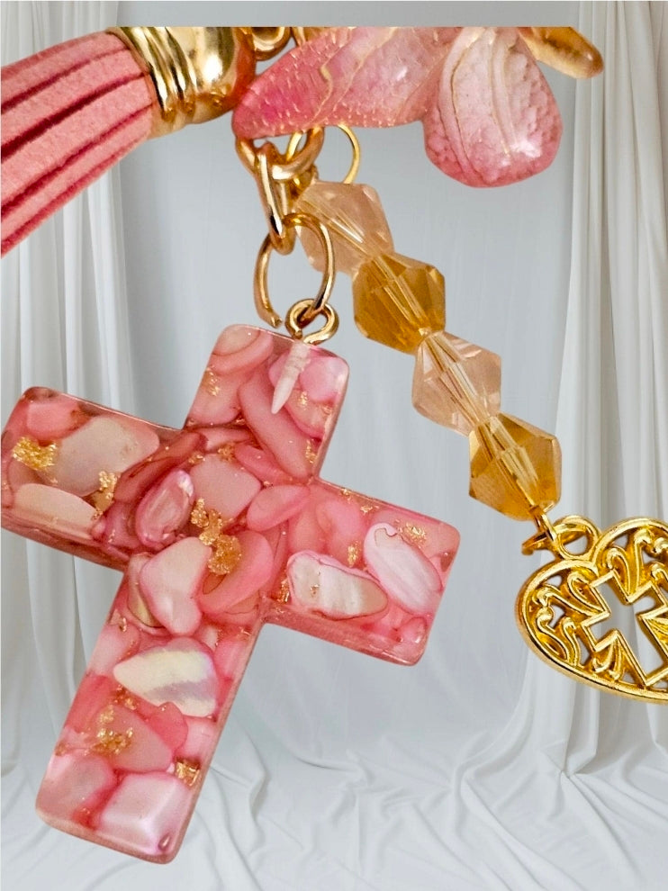 Faith Cross Keychain - Pink Teal | Handcrafted with Gold Leaf & Crystal Beads (Copy)