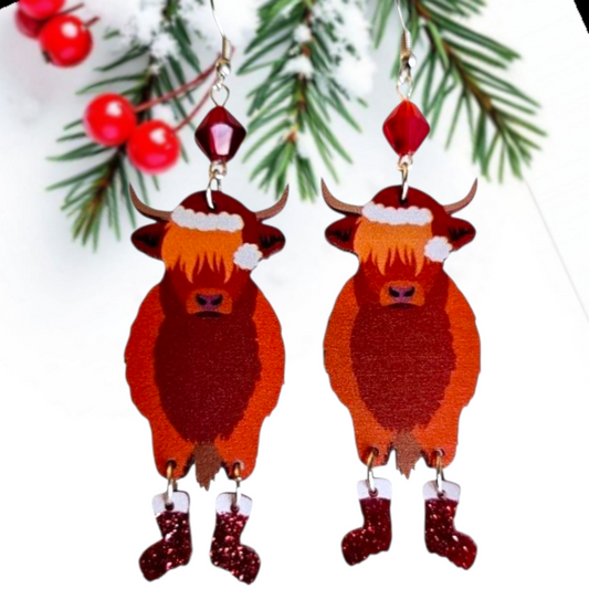 Christmas Highland Cow Earrings. Santa Hat Cow Earrings Highland Cow Jewelry Cowboy Boot Cow Earrings
