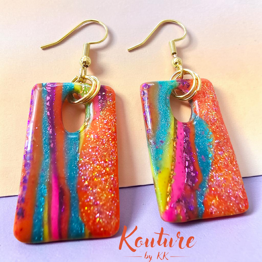 Neon Vertical Swirl Rectangle Earrings – Holographic Glitter Gold | Handmade Polymer Clay