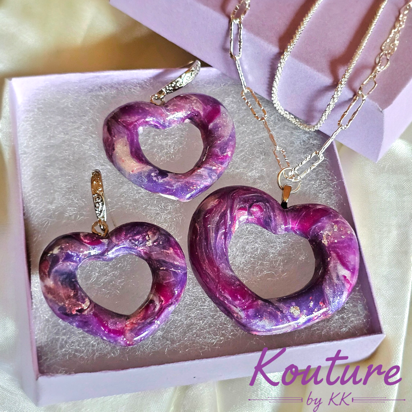 Purple Galaxy Heart Set – Hand-Sculpted Polymer Clay Necklace & Earrings with Silver Foil | One of a Kind Artisan Jewelry