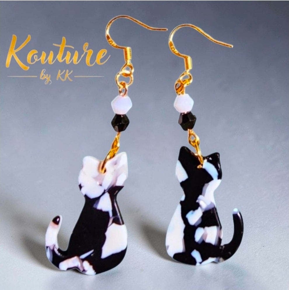 Tuxedo Cat Earrings | Acrylic Black & White Kitty Dangle Earrings with Crystal Beads | 18K Gold or Sterling Silver Hooks