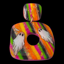 Load image into Gallery viewer, Pair of square post dangle earrings with colorful stripes and white ghost designs on a white background
