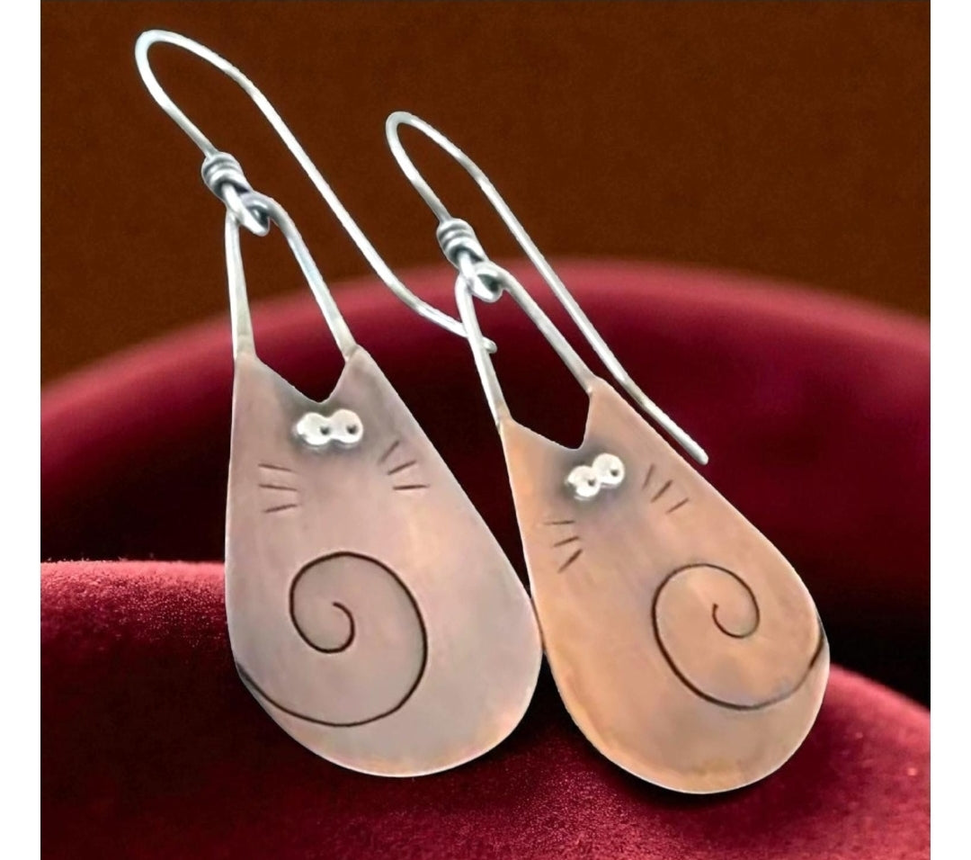 Bohemian Rustic Copper Cat Earrings: Natural Copper Kitten Jewelry