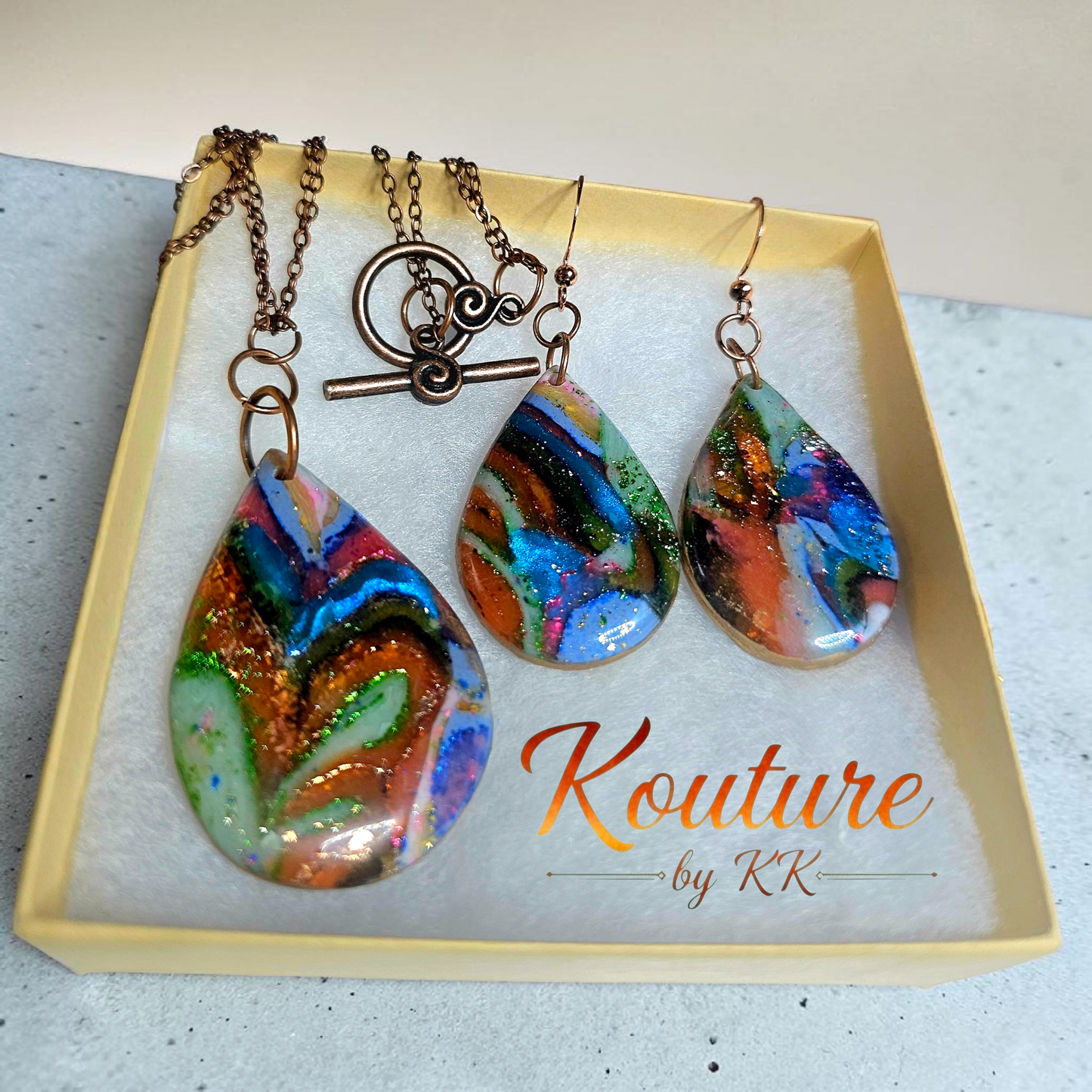 Boho Teardrop Jewelry Set – Handmade Polymer Clay Earrings & Necklace | Signature Collection