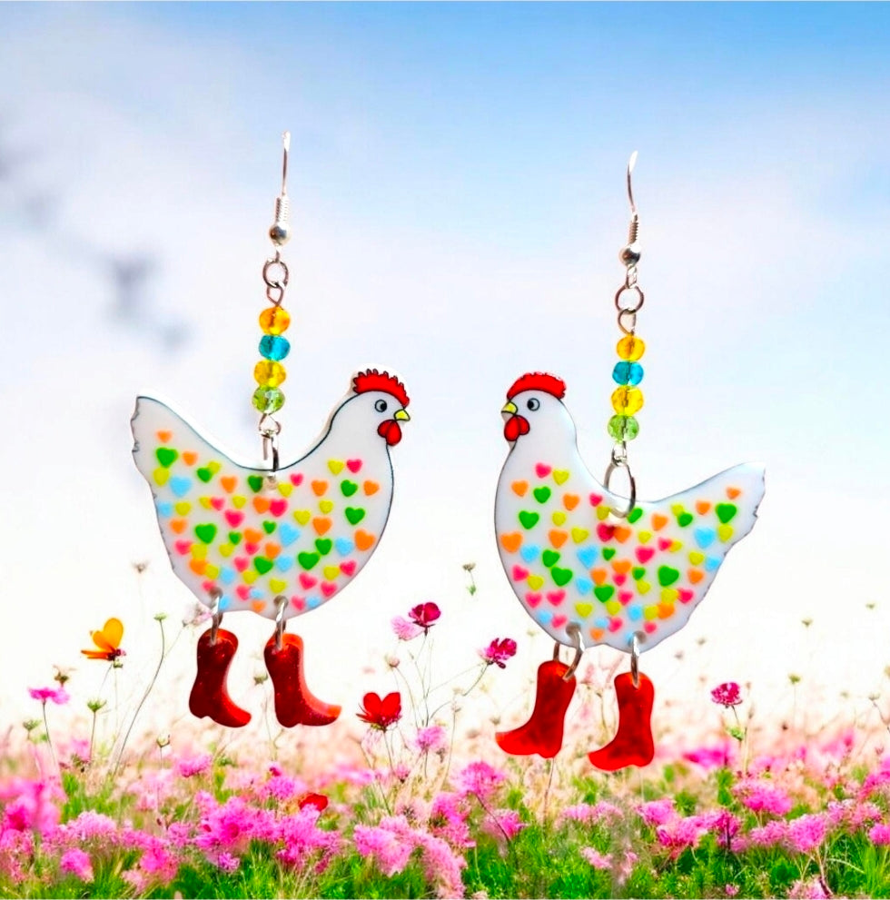 Chicken Earrings: Acrylic Heart Chicken with Dangling Boots and Sterling Silver Hooks