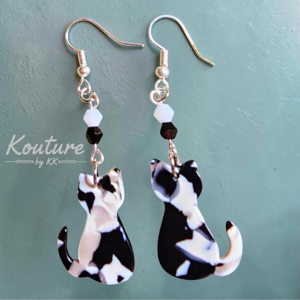 Tuxedo Cat Earrings | Acrylic Black & White Kitty Dangle Earrings with Crystal Beads | 18K Gold or Sterling Silver Hooks