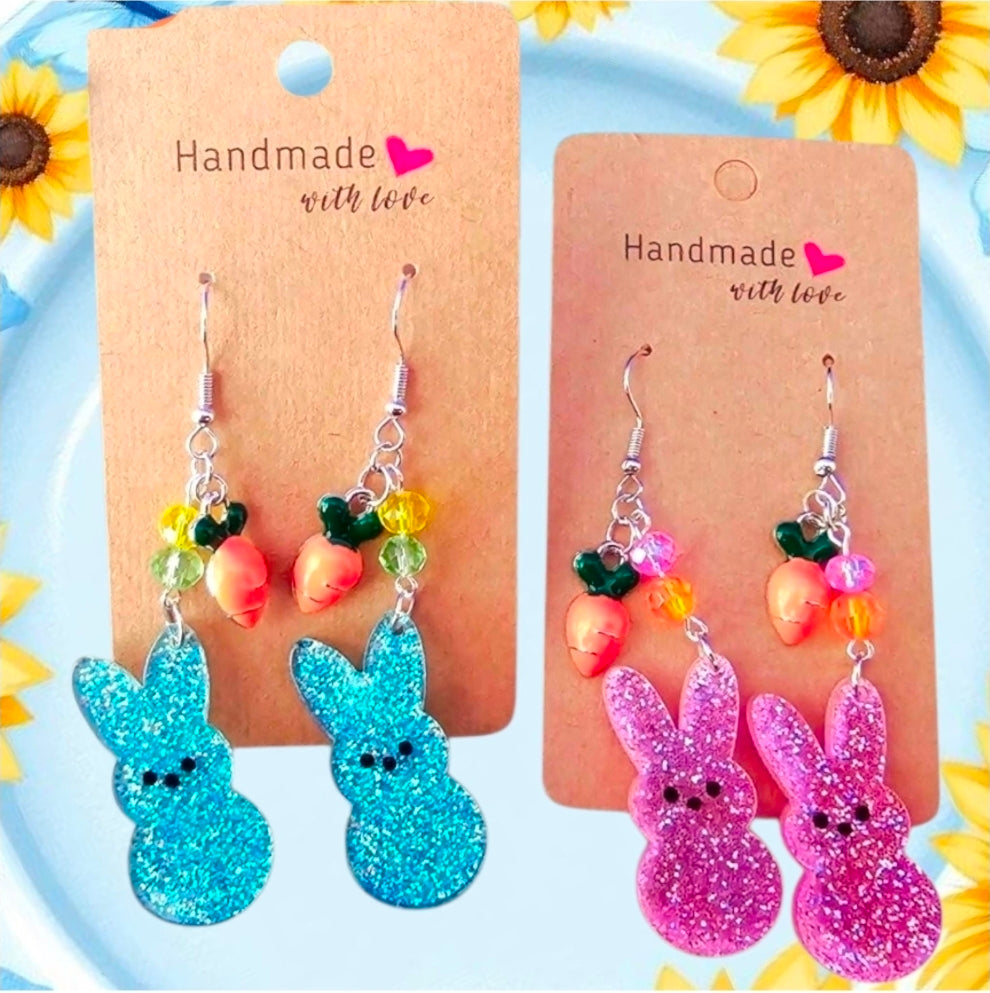 Easter Peep Bunny Earrings - Glitter Acrylic with Carrot Charm & Crystal Beads, Sterling Silver Hooks