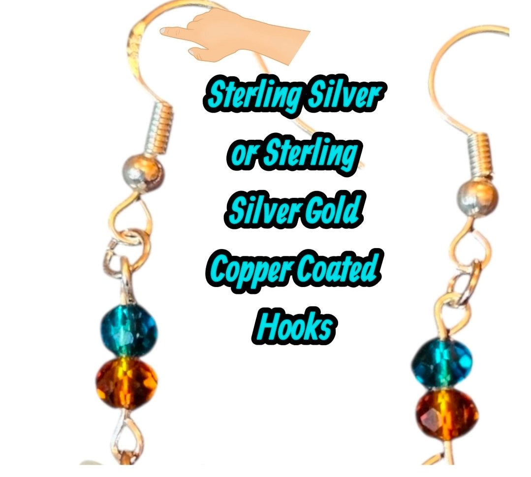 Turquoise Marbled Cat Earrings – Stone Effect Acrylic with Crystal Beads – Sterling Silver Hooks