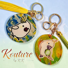 Load image into Gallery viewer, Handmade Cockatoo Hand-Sculpted Polymer Clay Keychain with Resin Overlay — Bird Keychain
